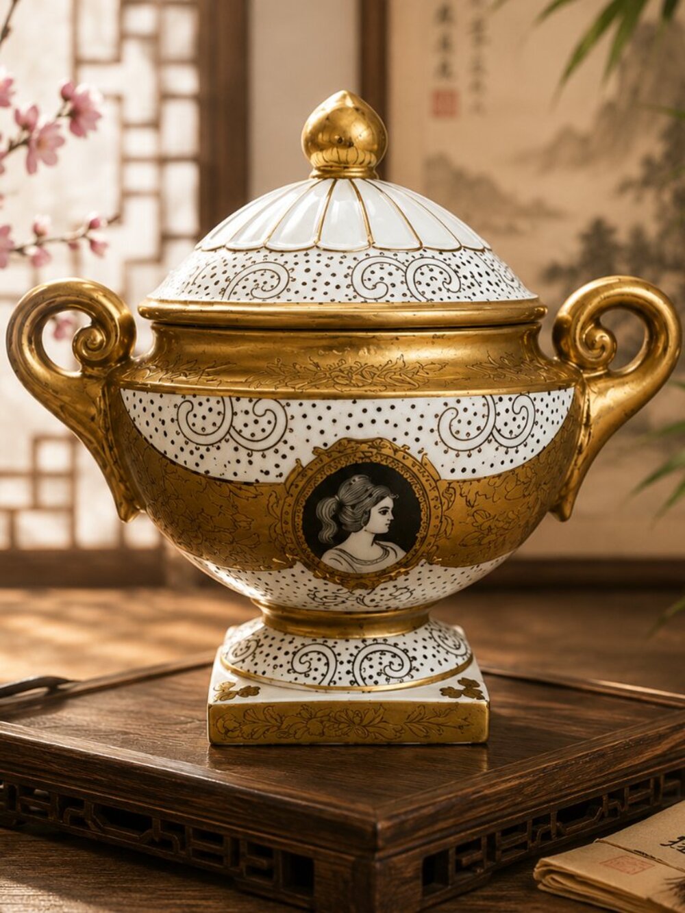 Vintage Chinese Embossed Cameo Pedestal Vessel Ginger Jar Urn 1950s